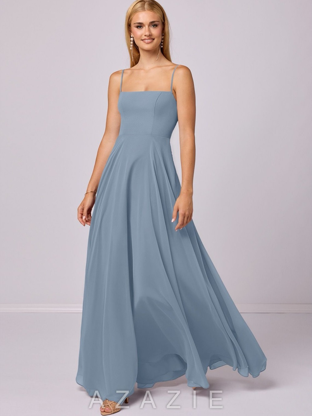 Azazie Dusty Blue Square Neck Spaghetti Strap Maxi Dress